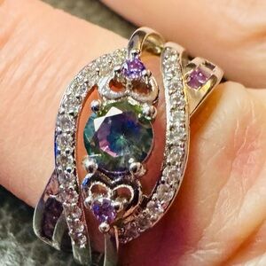 New 925 Mystic Green-Purple Halo Ring with Amethyst Accents Size 7